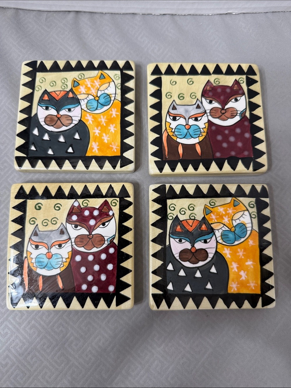 Vintage Milson & Louis Manhattan Cat Ceramic Coaster Trivets Set of 4 & Holder